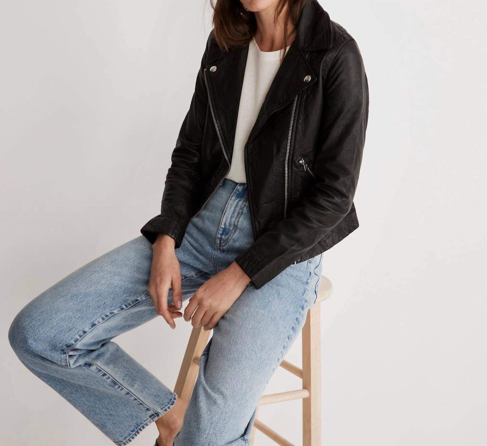 Madewell Washed Leather Motorcycle Short Jacket in black - women's jacket - view 5