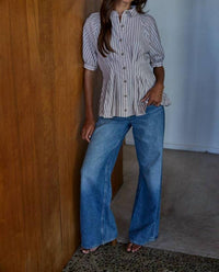 By Together - Short Sleeve Collared Button Down Cinched Waist Top