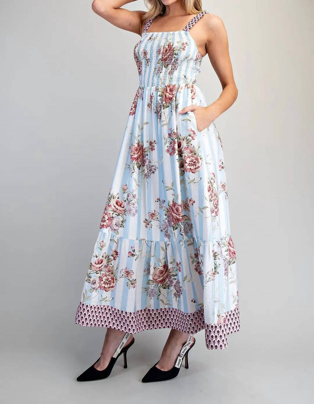 Ee:Some - Floral Striped Contrast Strap Maxi Dress