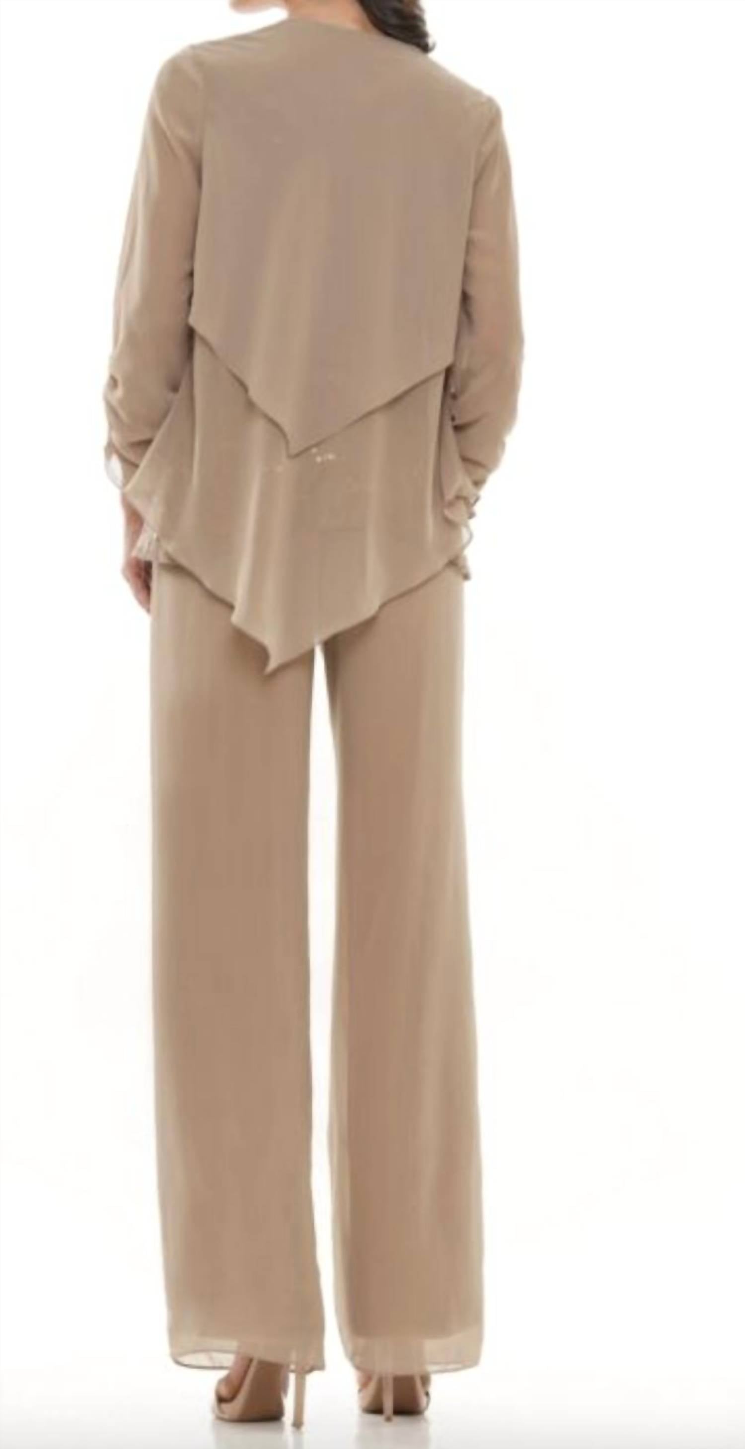 Marsoni by Colors Layered Jacket Three Piece Pant Suit in bermuda sand - women's blouse - detail view