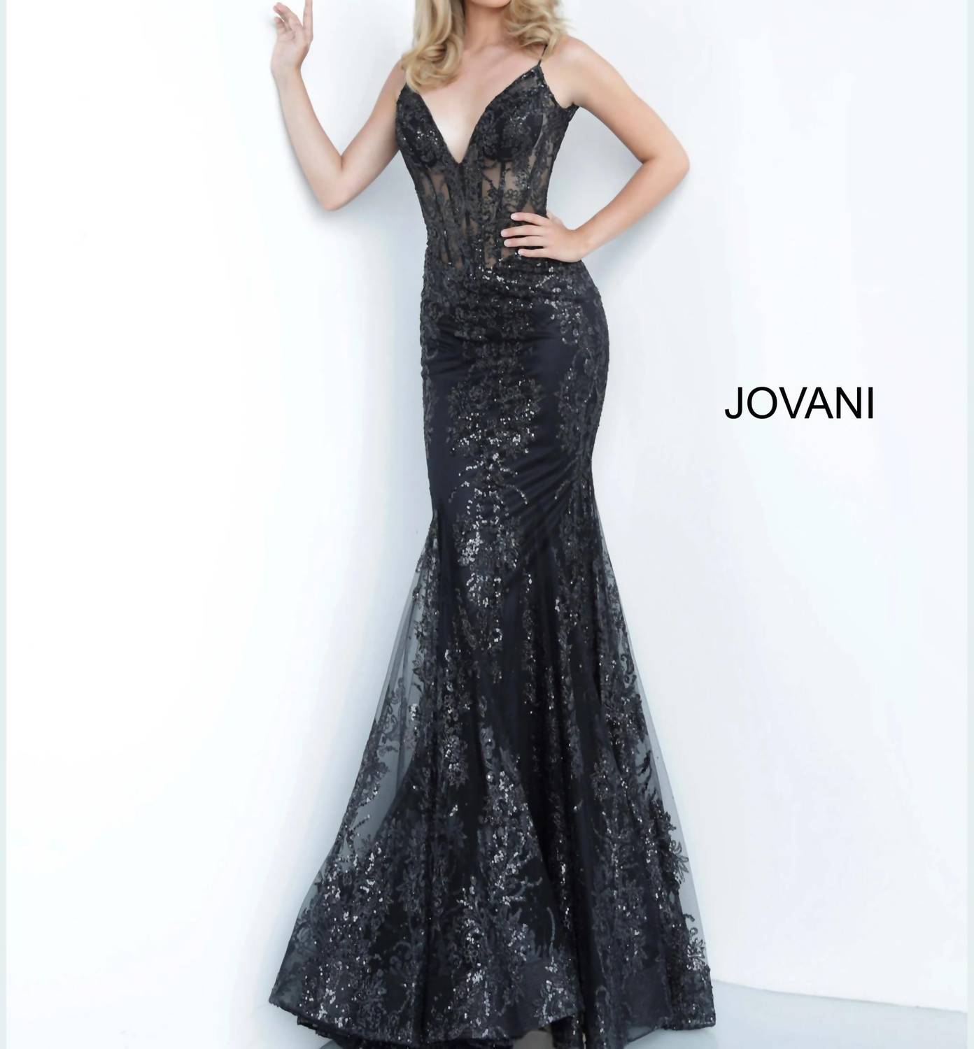 JOVANI Glitter Mermaid Gown in black - women's dress - alternate view