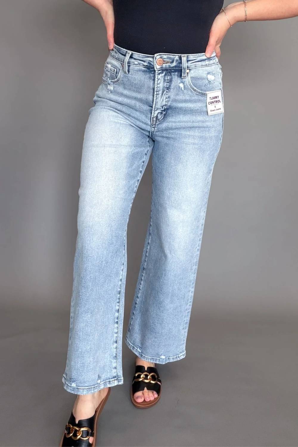 Risen - Tummy Control High Rise Crop Wide Leg Jeans