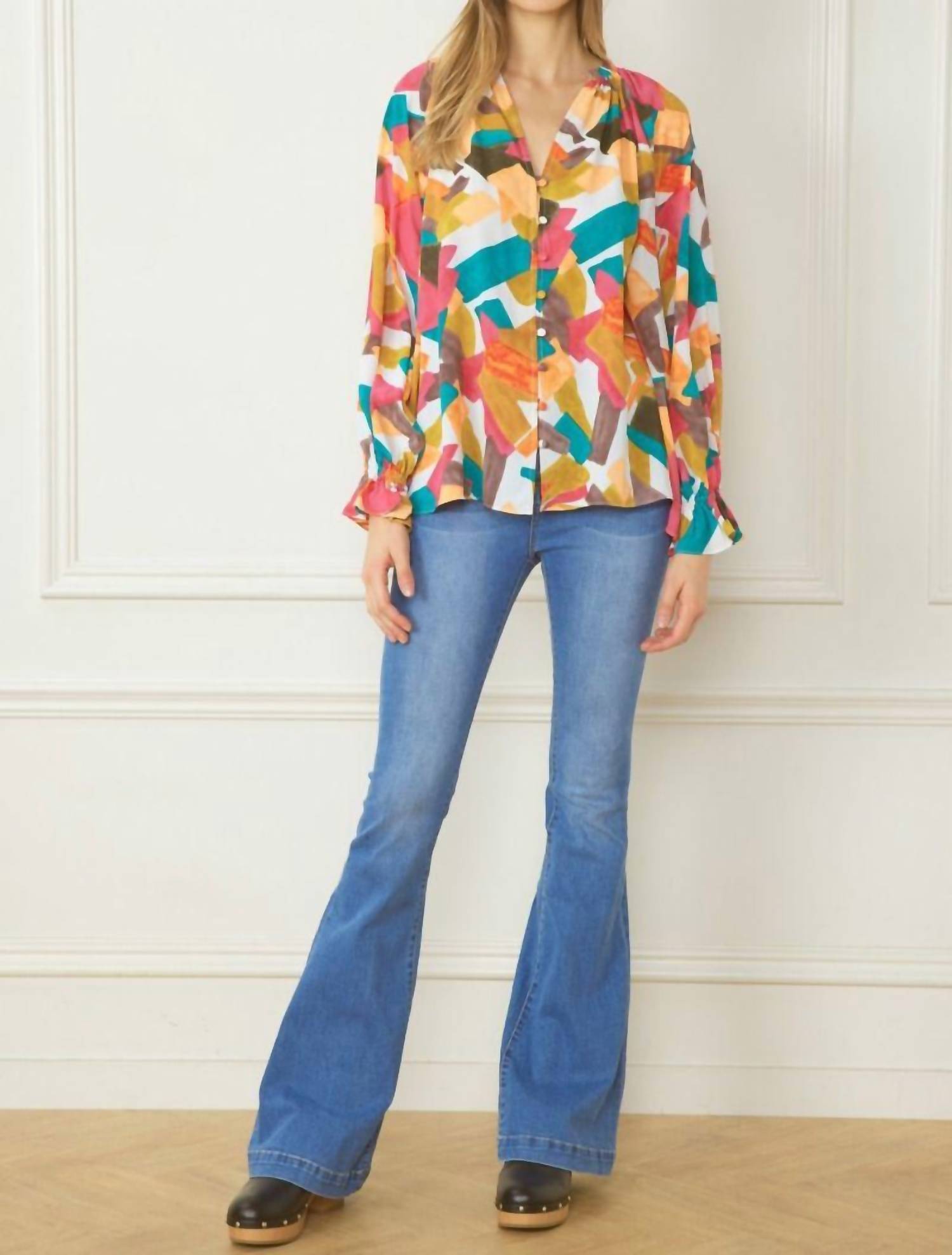 entro Abstract Button Down Blouse in fuchsia mix - women's blouse - view 4