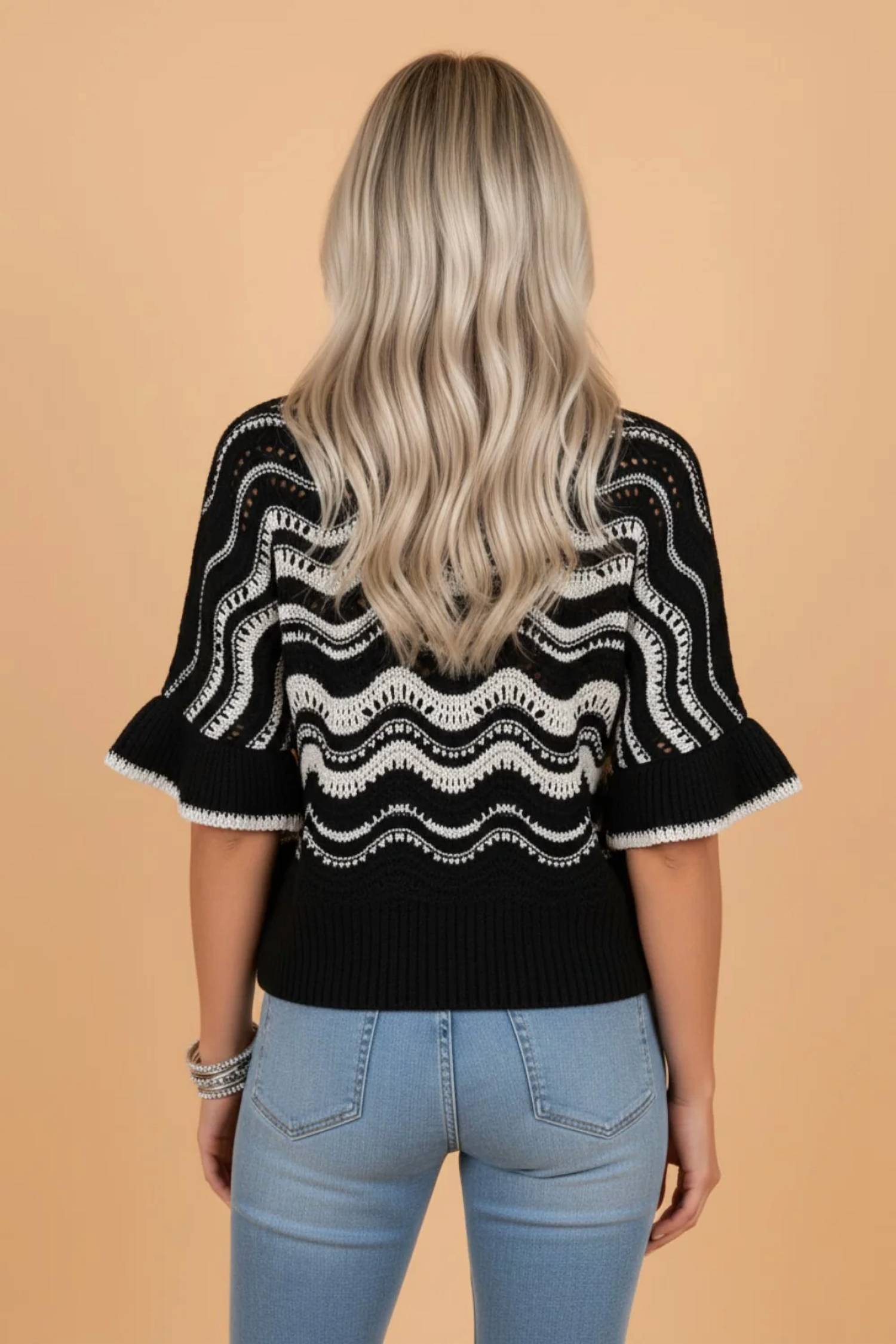 1 The Woman - Wavy Crochet Ruffle Half Sleeve Sweater