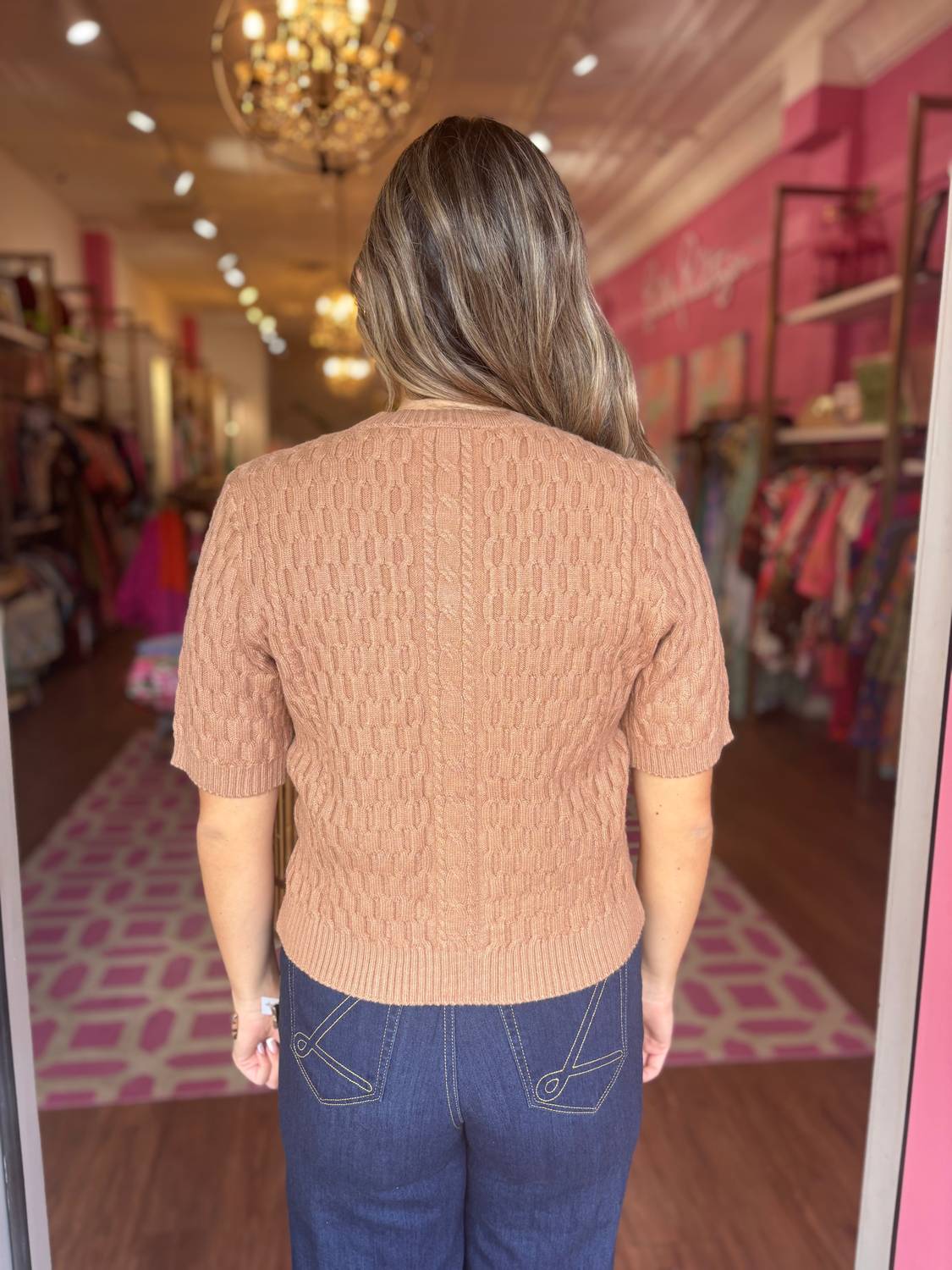 THML Short Sleeve Button Knit Top in beige - women's t-shirt - detail view