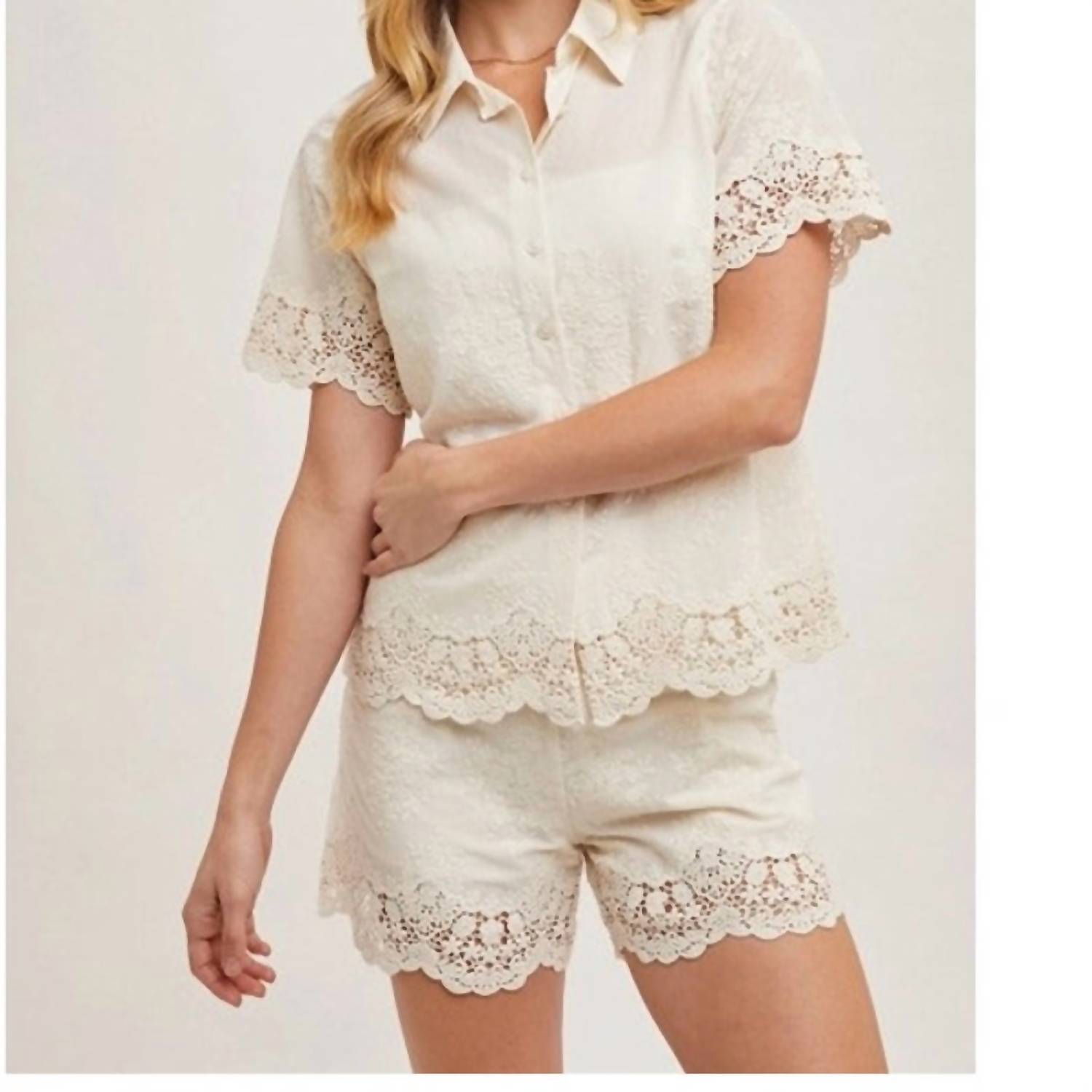 Bluivy - Cotton Embroidered Lace Trimmed Button Shirt
