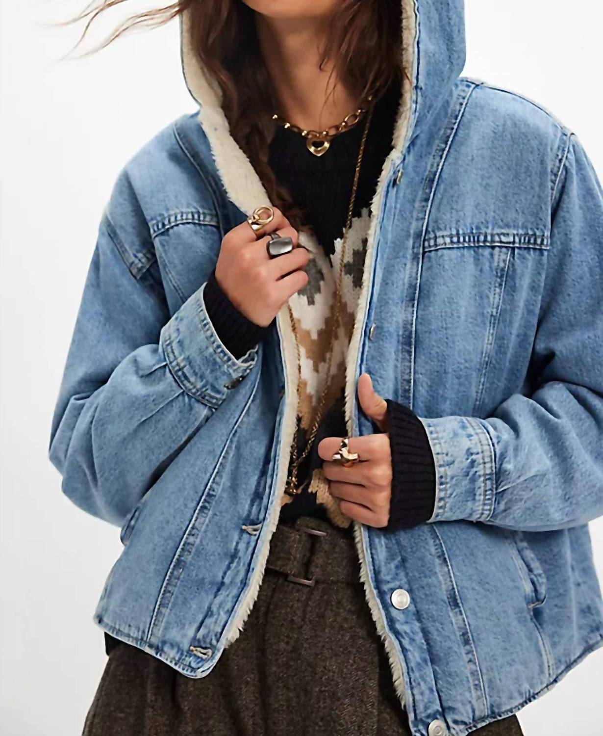 Free People Asher Cozy Denim Jacket in snowdrift wash - women's jacket - detail view