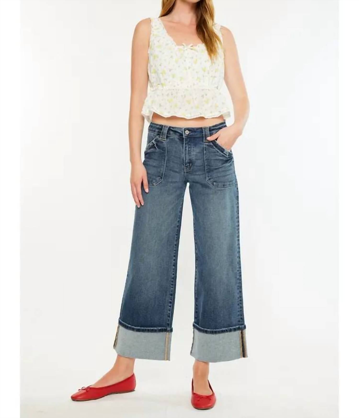 Kancan - Mid Rise Wide Leg Cuffed Jeans