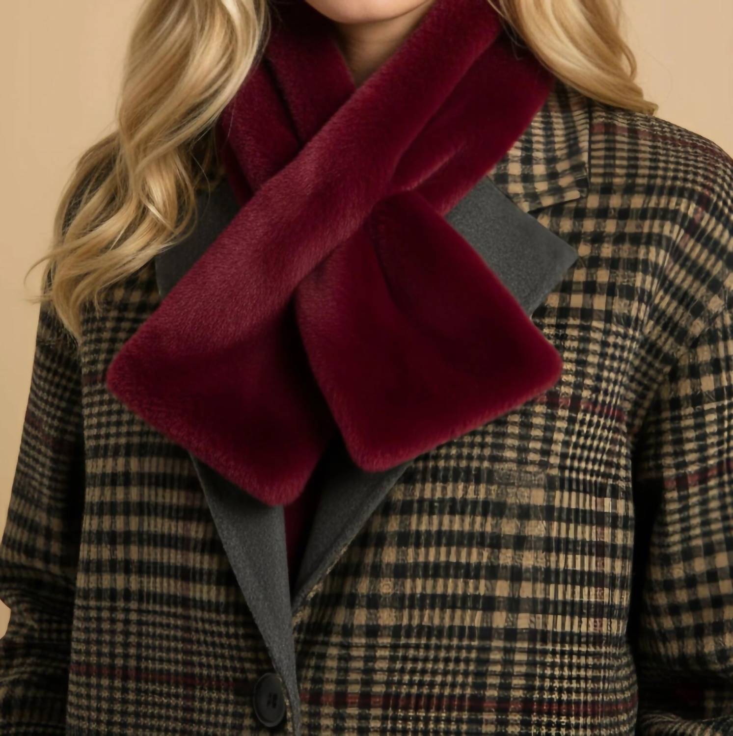 Joseph Ribkoff Faux Fur Pull Through Scarf in merlot - women's scarf - detail view