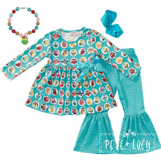 Pete + Lucy - Girls Vibrant Owls 2 Piece Set