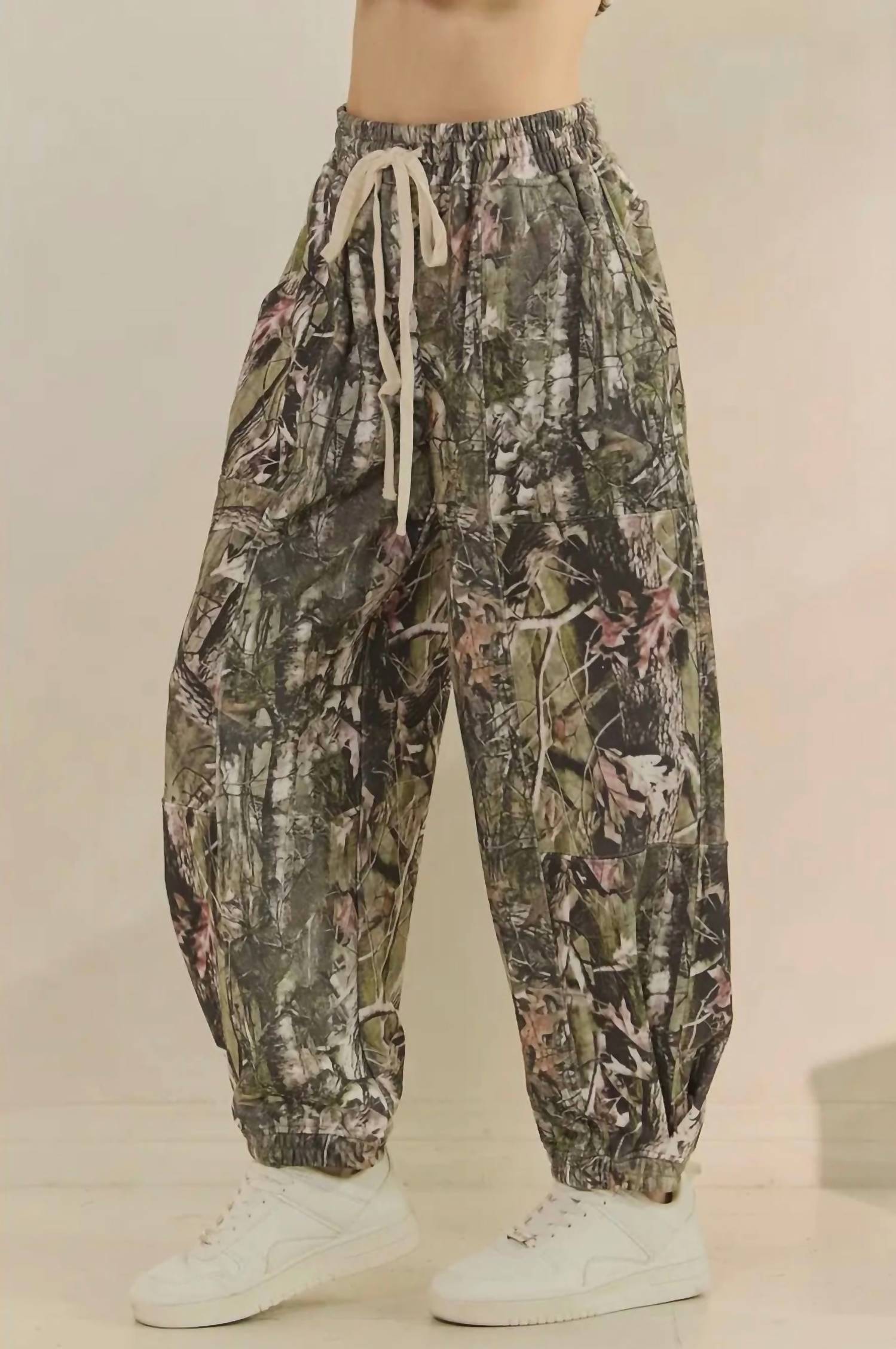 Veveret Camo Printed French Terry Pant in green - women's pants - detail view