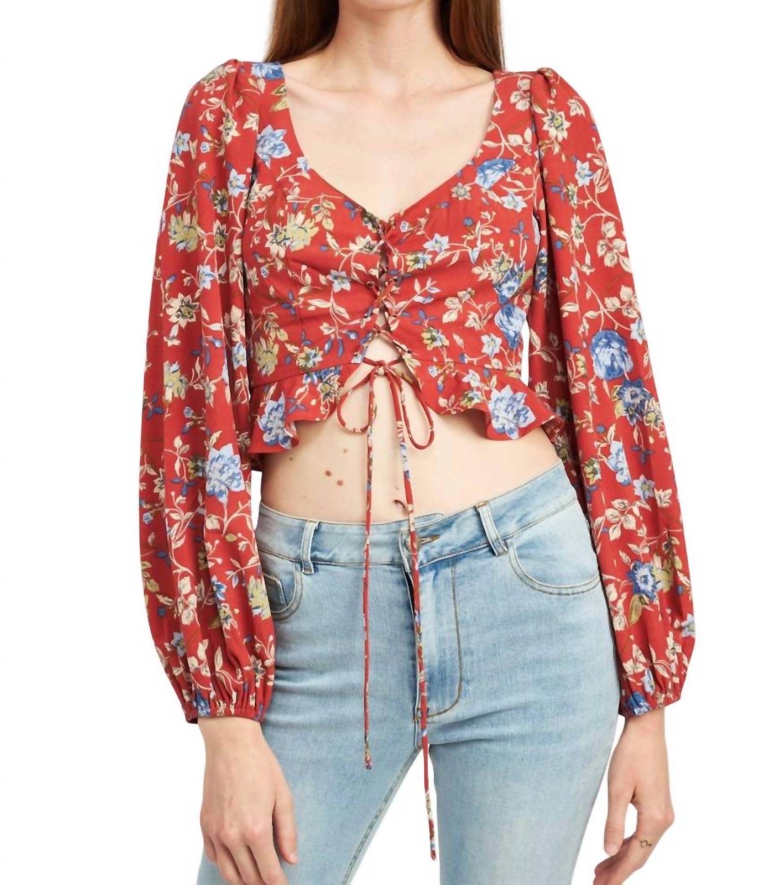 Emory Park - Lace Up Front Floral Top