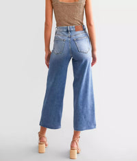 HIDDEN Women's High Rise Cropped Wide Leg Basic Jean in dark wash - women's jeans - detail view