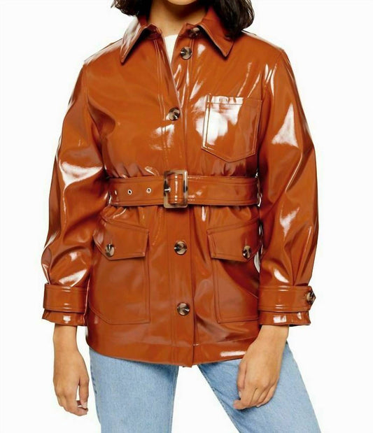 Topshop - Rust Brown Patent Belted Coat Jacket High Gloss Vinyl
