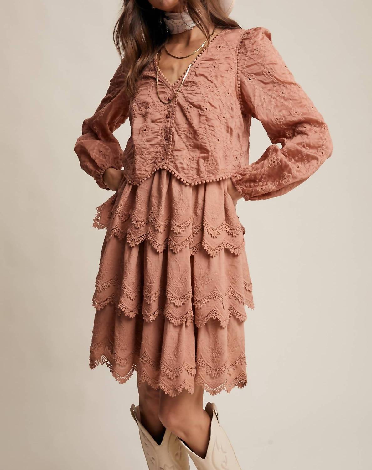 Listicle Tamara Tiered Scallop Embroidered Dress in terracotta - women's dress - view 5