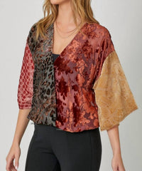 mystree Crimson Luxe Cropped Blouse in burgundy red - women's blouse - detail view