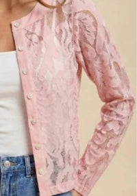 AnnieWear Floral Jacquard Lace Button-down Top in pink - women's shirt - detail view