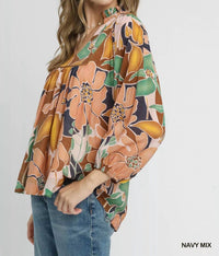 Umgee - Abstract Floral Print Blouse With Ruffle Neck