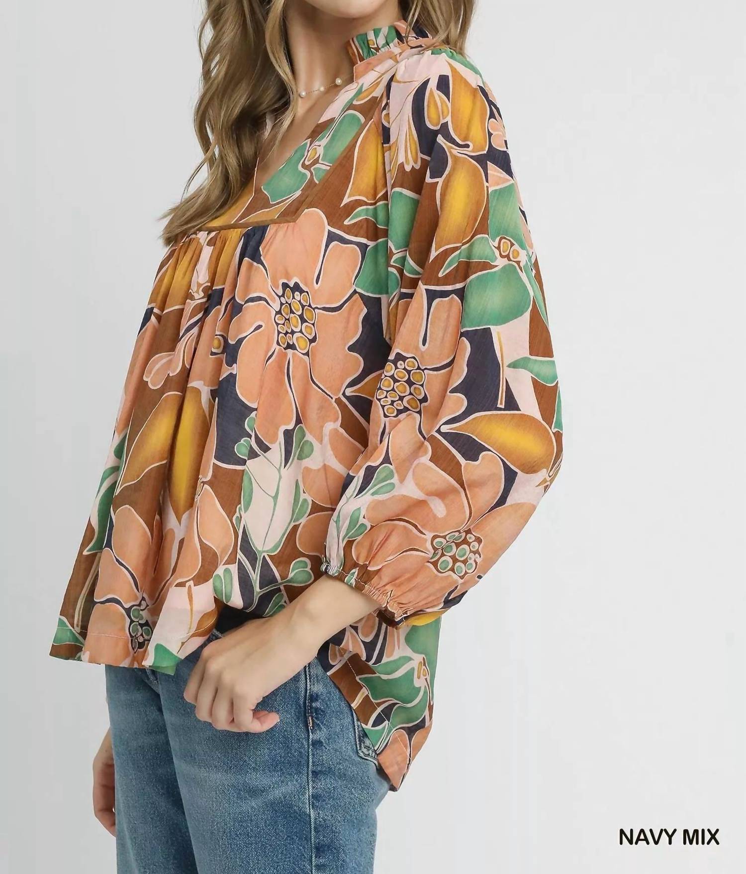 Umgee - Abstract Floral Print Blouse With Ruffle Neck