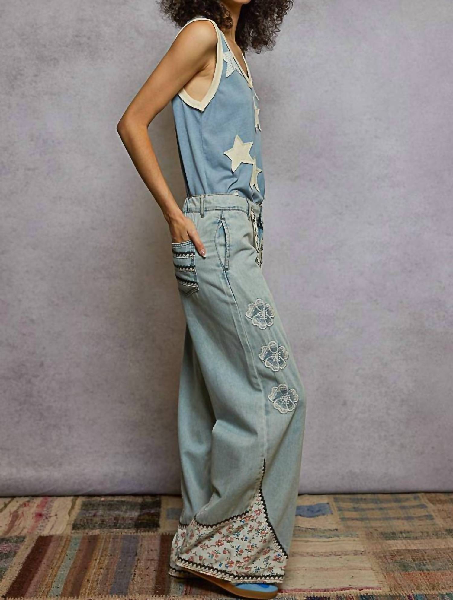 Pol - Floral Patches Embroidery Elastic Band Casual Pants