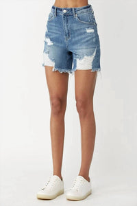 Risen - High Rise Mid Thigh Distressed Shorts