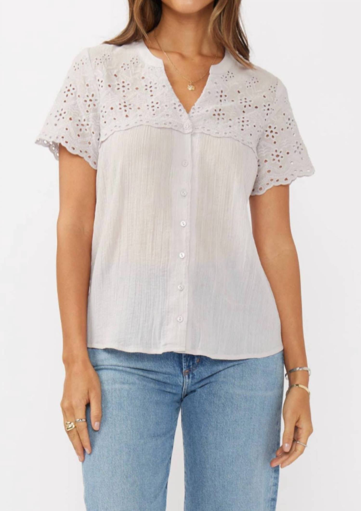 LOVESTITCH Floral Eyelet Short Sleeve Button Down Blouse in dove - women's blouse