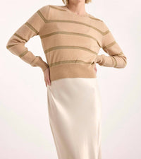 Brodie Cashmere Simone Lurex Stripe Crew Top in camel gold - women's long sleeve top - detail view