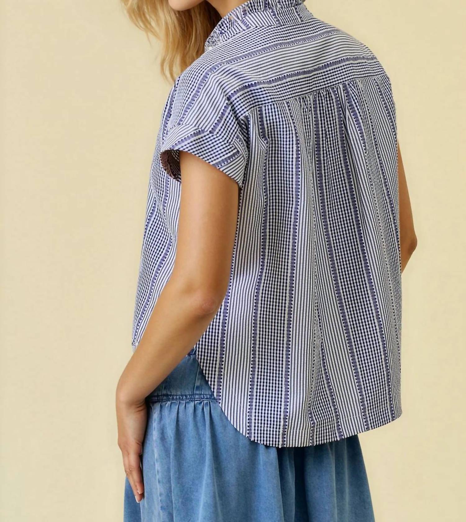 Doe And Rae - Stripe & Gingham Button Down Detail Top