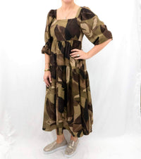Entro - Leaf Print Square Neck Maxi Dress