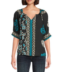 Tru Luxe - Floral Border Print Split V-neck Elbow Sleeve Top