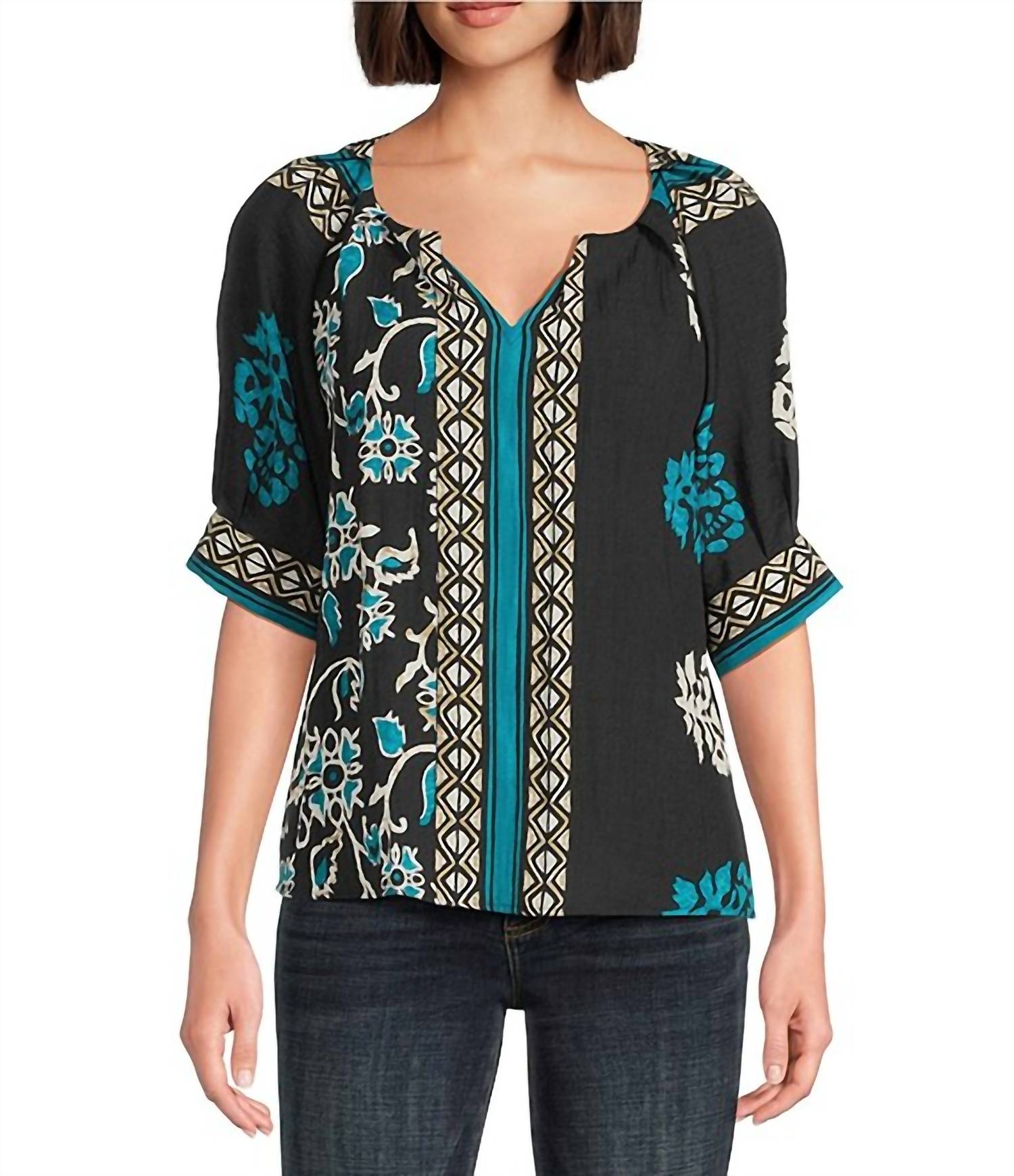 Tru Luxe - Floral Border Print Split V-neck Elbow Sleeve Top
