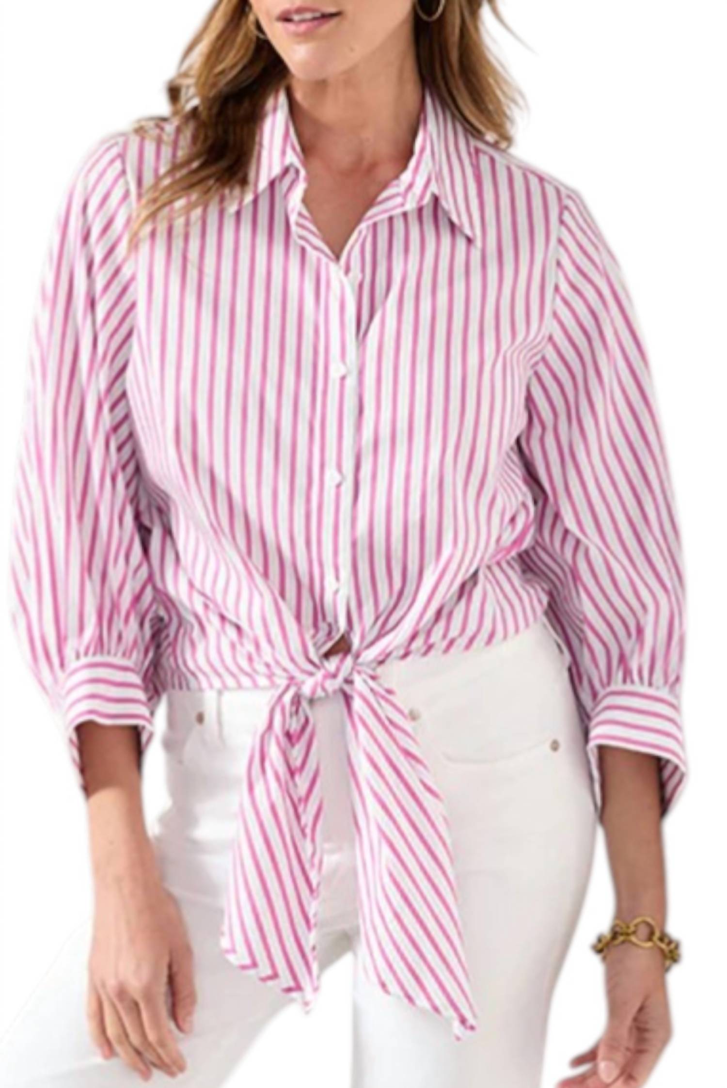 Karen Kane Frankie Stripe Tie-front Top in fuchsia - women's blouse - detail view