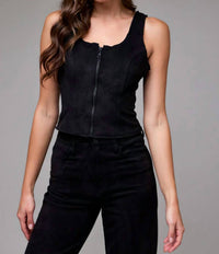 Hidden - Suede Bodycon Front Zipper Top