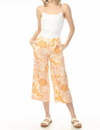 CHARLIE B Women's Pull On Printed Linen Stretch Pants With Elastic At Back Waist in orange - women's pants - detail view