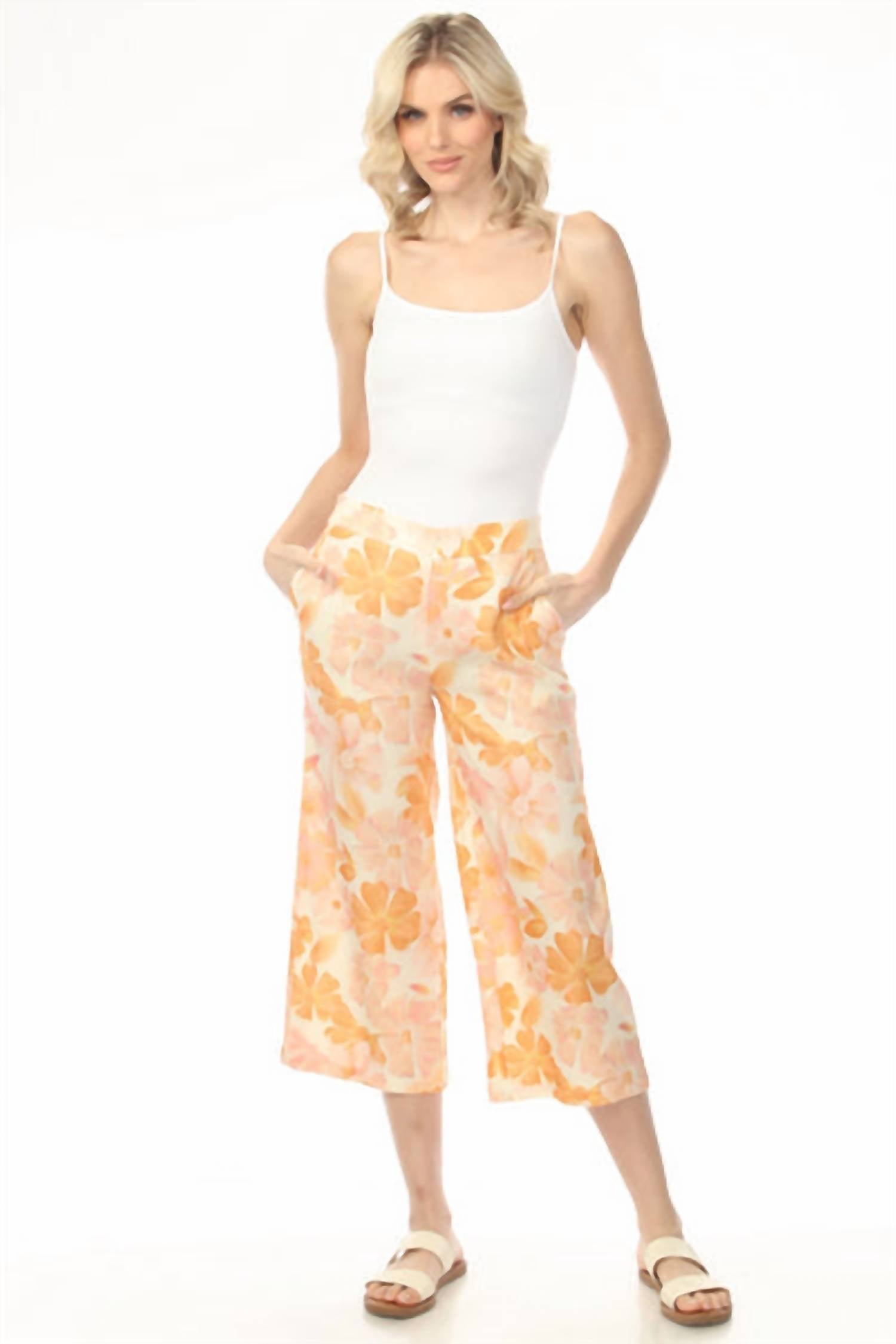 CHARLIE B Women's Pull On Printed Linen Stretch Pants With Elastic At Back Waist in orange - women's pants - alternate view