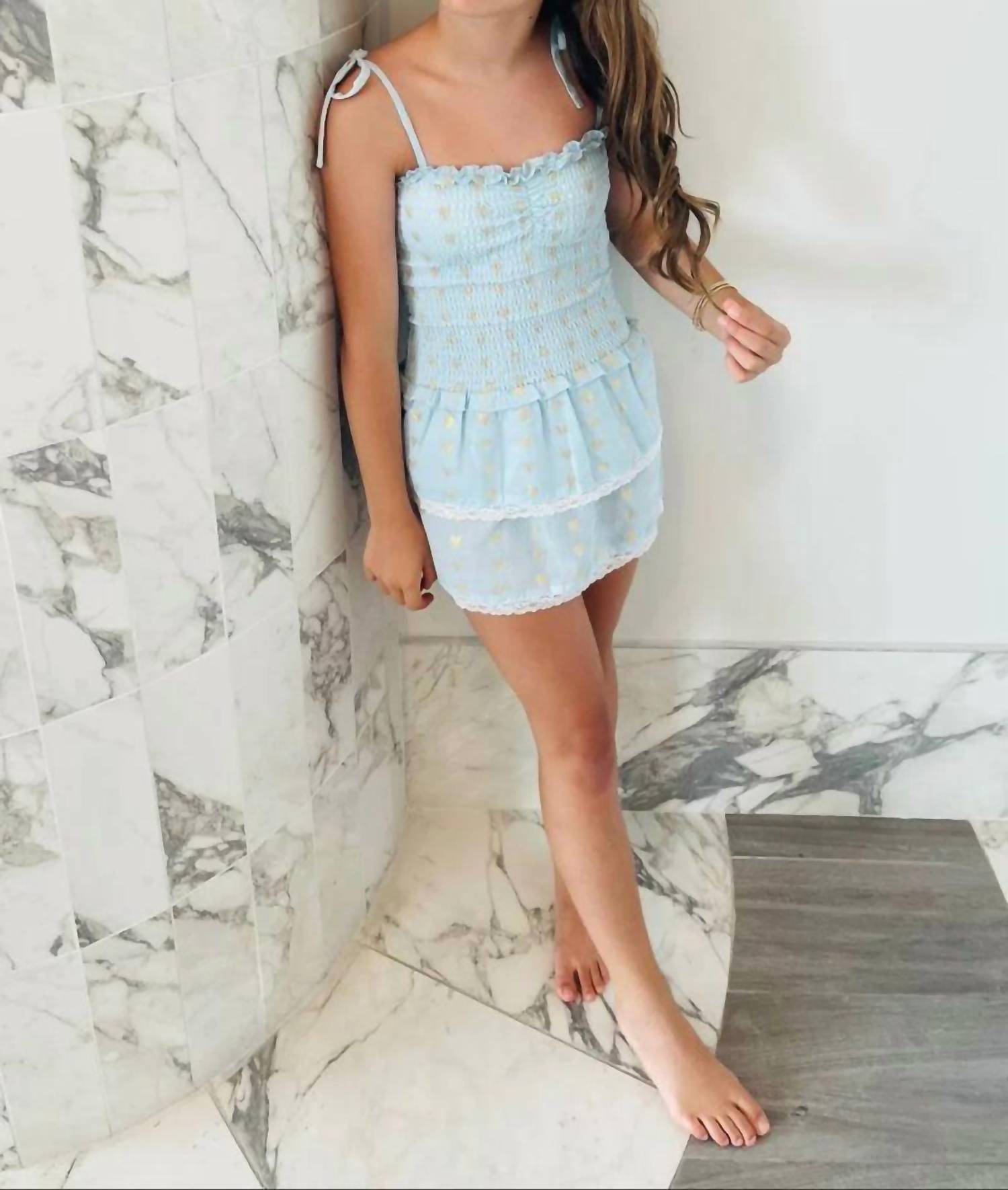 THEME Girls Lola Heart Smocked Ruffle Dress in pastel blue - kids' dress