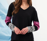 french kyss Animal Print Sleeve V-neck Top in black multi - women's long sleeve top - detail view