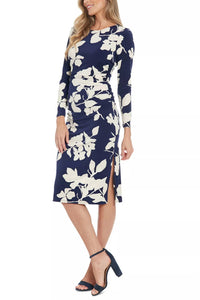 London Times - Ruched Side Slit Midi Sheath Dress