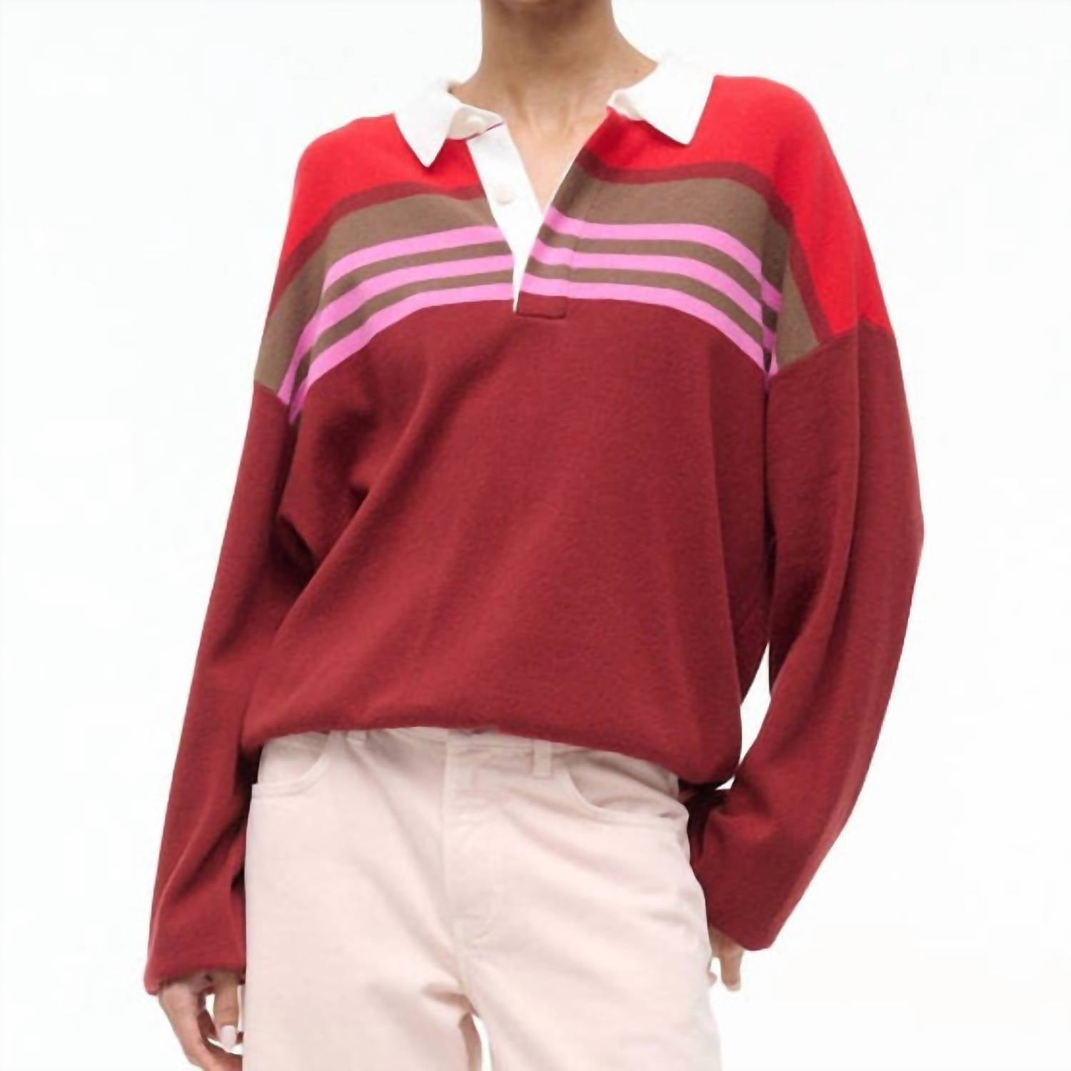 STAUD Sail Polo Knit Top in cardinal stripe - women's long sleeve top