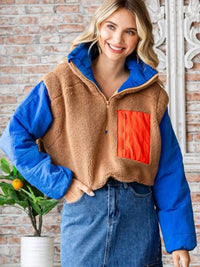 Veveret - Colorblock Fleece Quilted Puffer Pullover Jacket