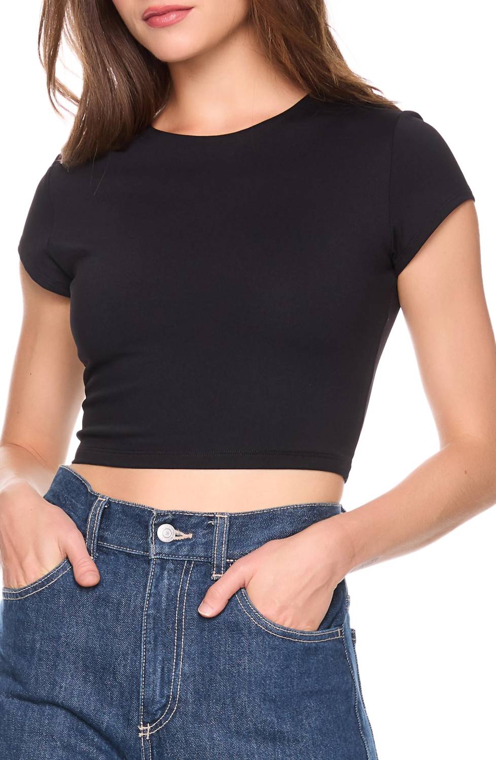 Susana Monaco Basic Cropped Crew Short Sleeve Tee in black - women's t-shirt - detail view