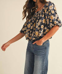 AnnieWear Flower Print Balloon Hem Square Neck Top in black - women's blouse - detail view