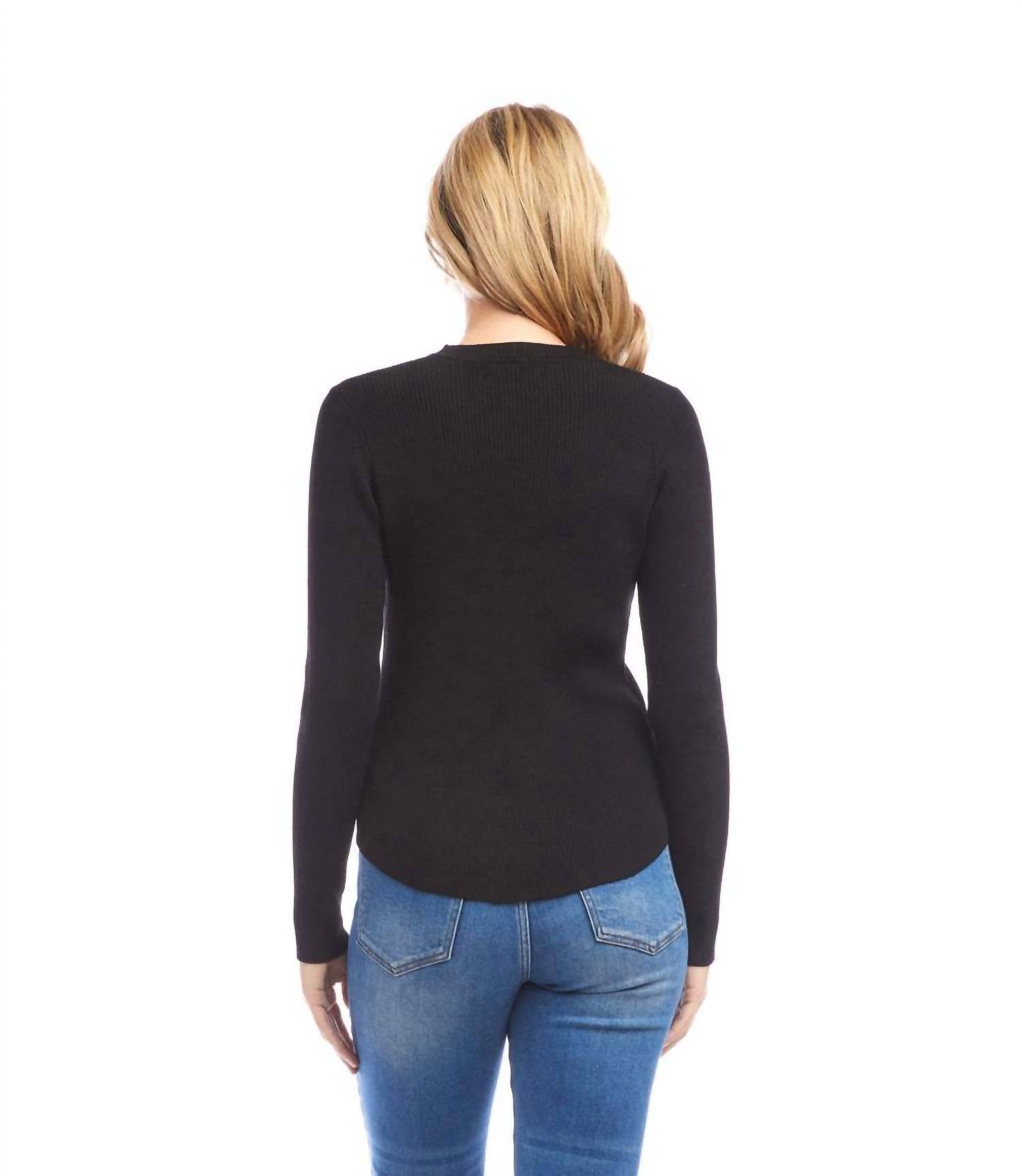 Karen Kane Ribbed Crewneck Sweater in black - women's sweater - detail view