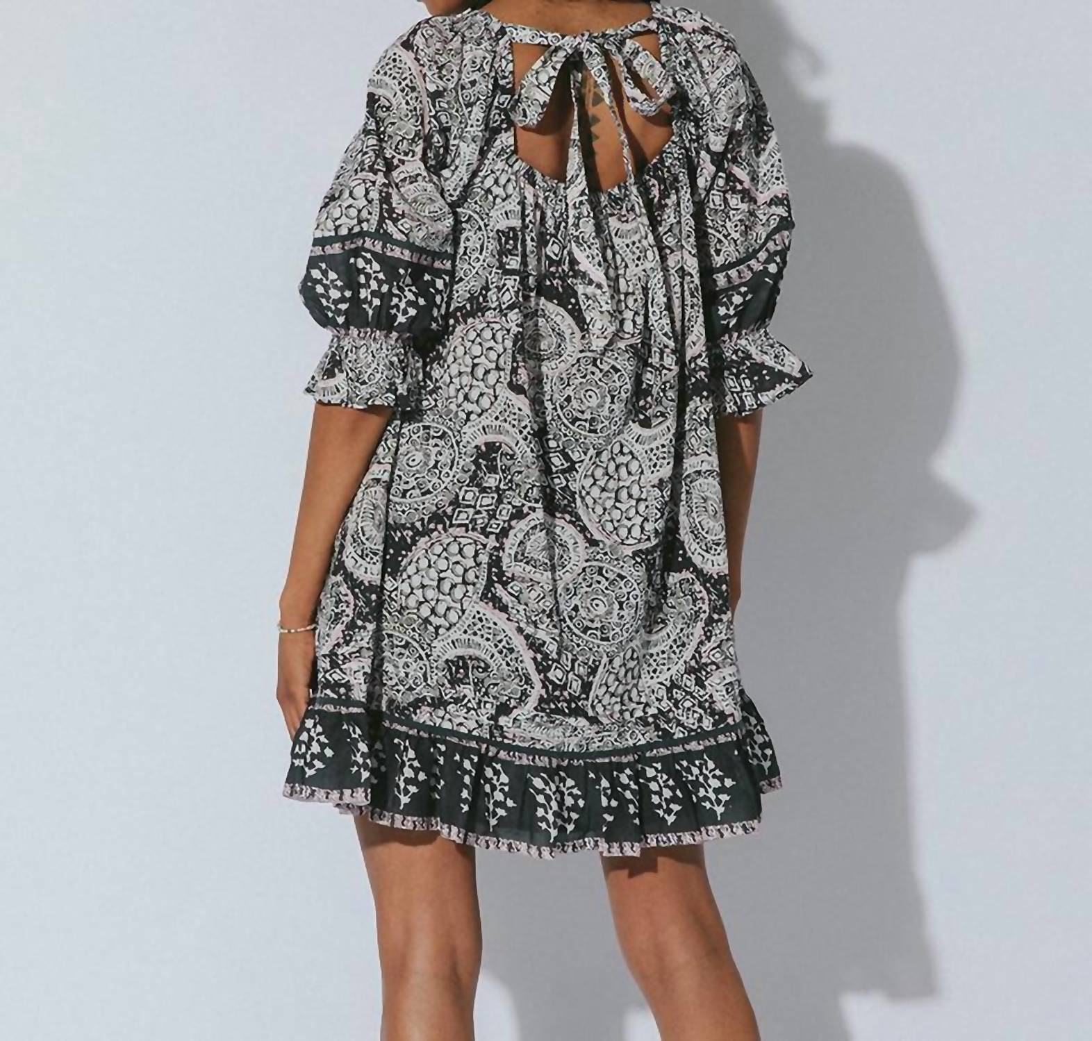 Cleobella Anila Mini Dress in printed black - women's dress - detail view