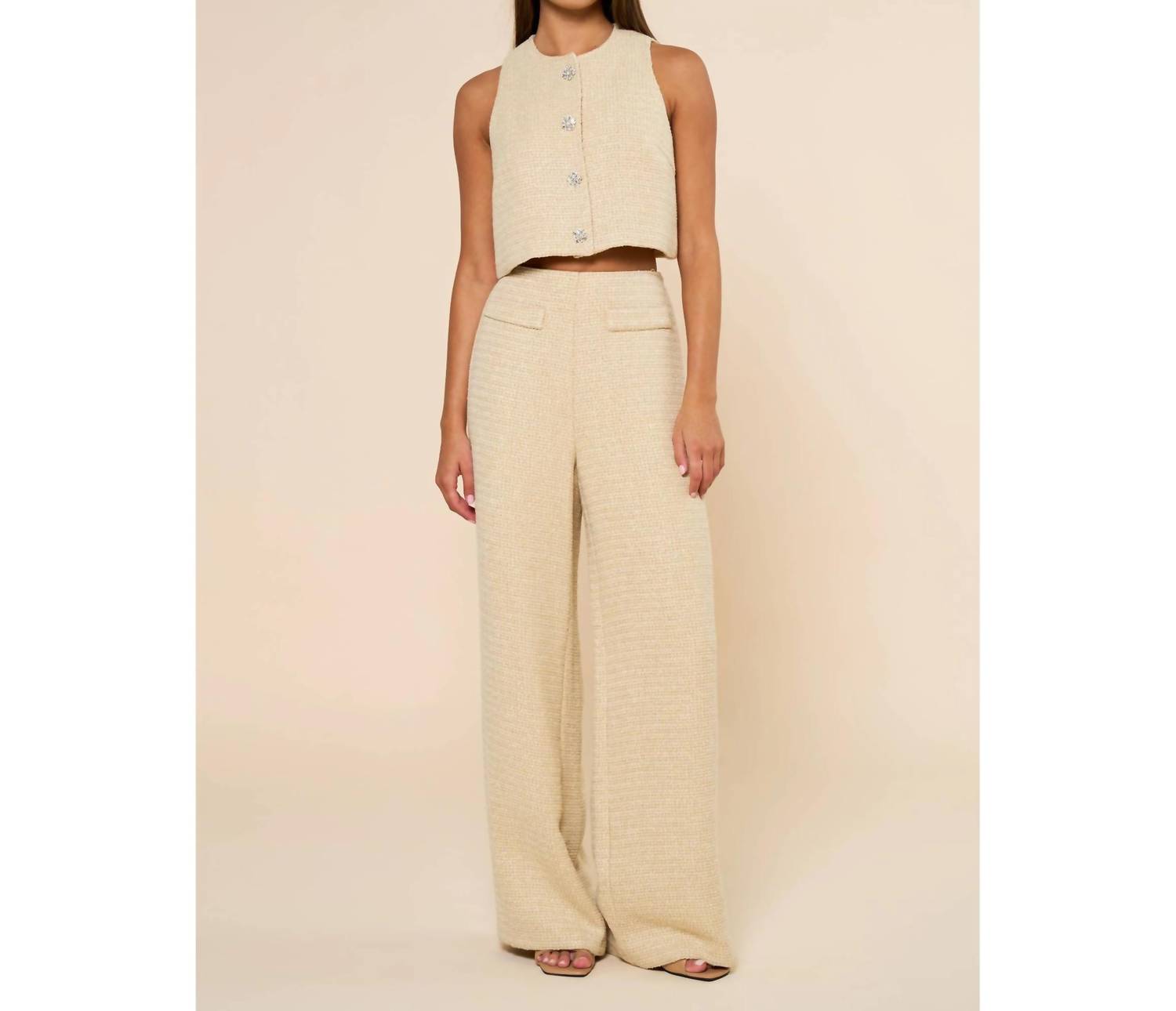 Lalavon - Sleeveless Tweed Cropped Top & Wide Leg Pants Set