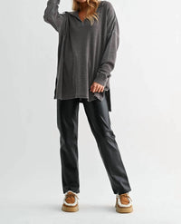 Mono B - Waffle Knit Collared Long Sleeve Sweatshirt