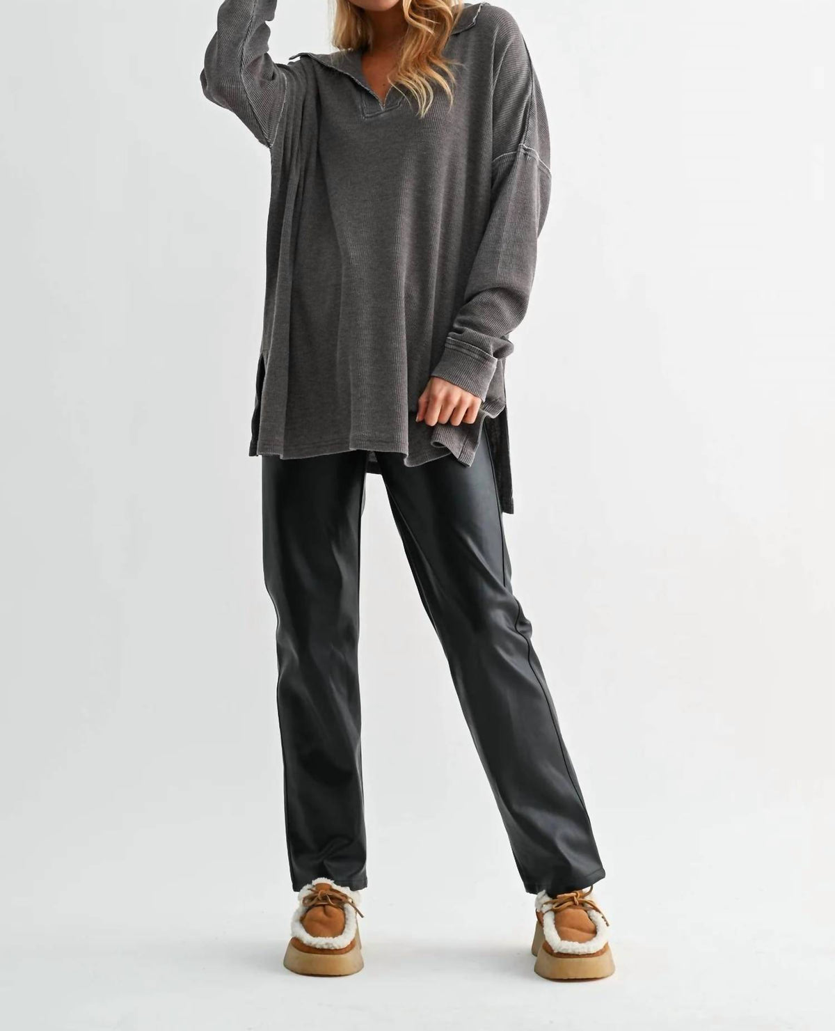 Mono B - Waffle Knit Collared Long Sleeve Sweatshirt
