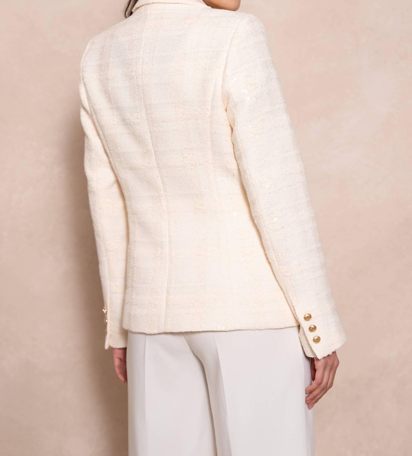 European Linen Collection - Structured Tweed Blazer With Double Gold Buttons