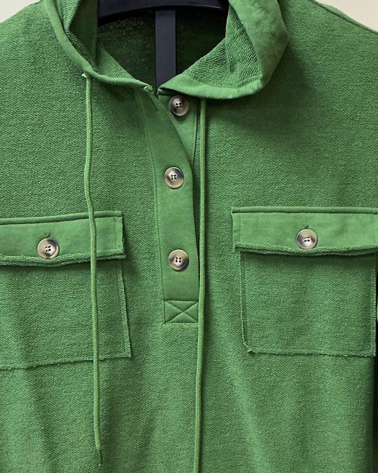STACCATO Women's Hooded Button Down Terry Top in green - women's top - detail view
