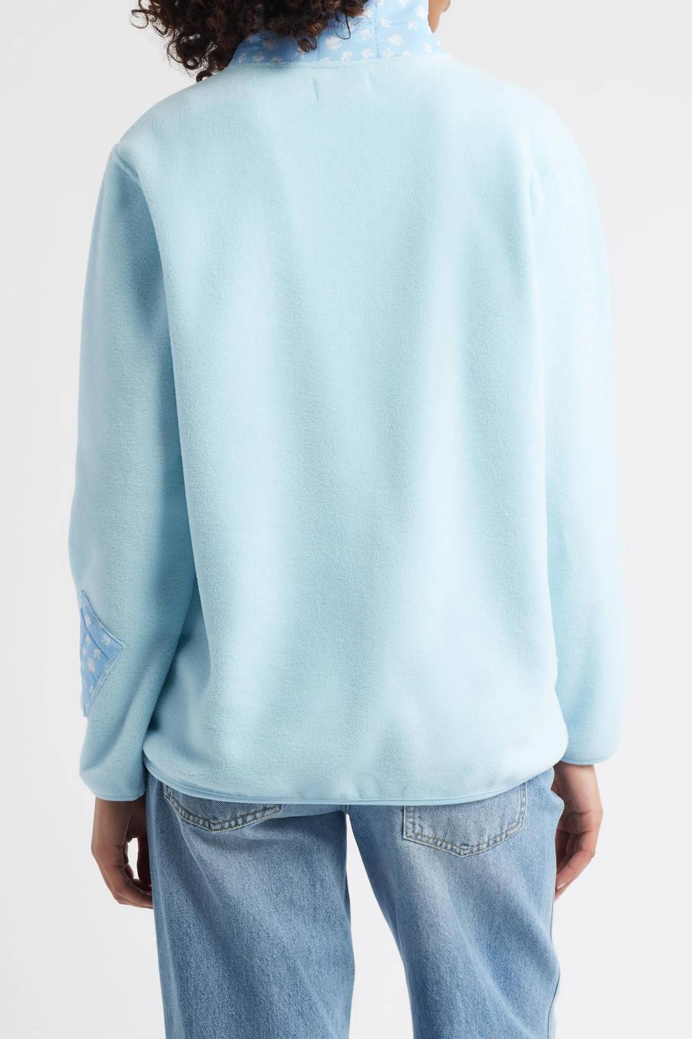 The Happy Camp3r Embroidered Fleece Pullover in ditsy ice blue - women's sweater - detail view